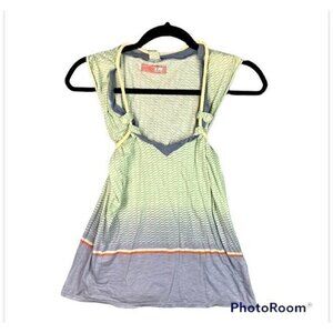 Lux Womens Tunic Top Green Gray Wave Sleeveless Scoop Neck Belted Blouse XS/S